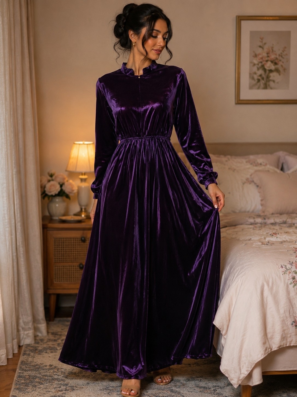 Elegant Purple Velvet Long Sleeve Maxi Dress
